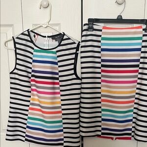 Per Se Black & Multicolor Striped Sleeveless Top and Skirt Set